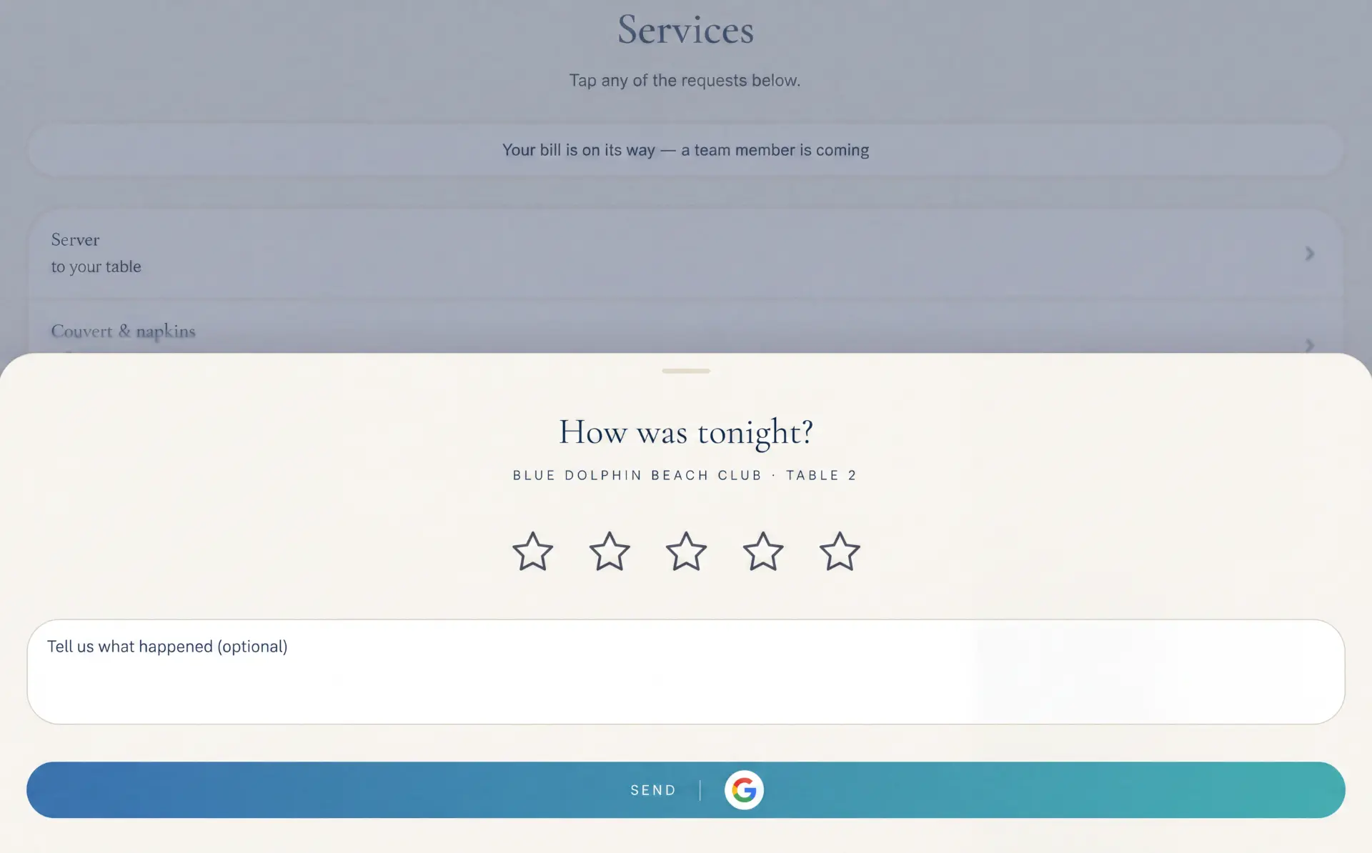 Guest feedback screen with star rating, comment box and share-on-Google button