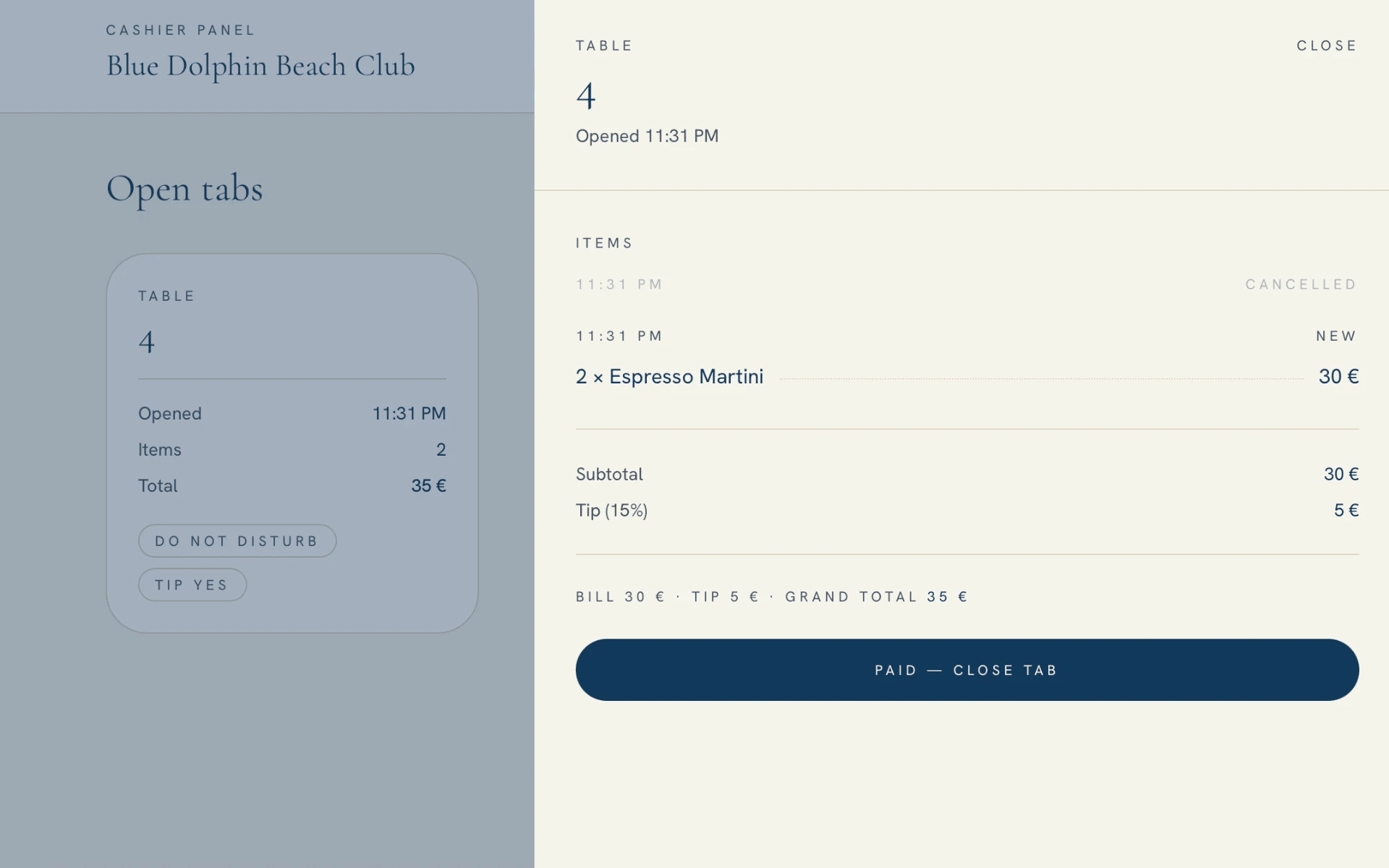 Cashier panel listing open tabs with items, tip and grand total