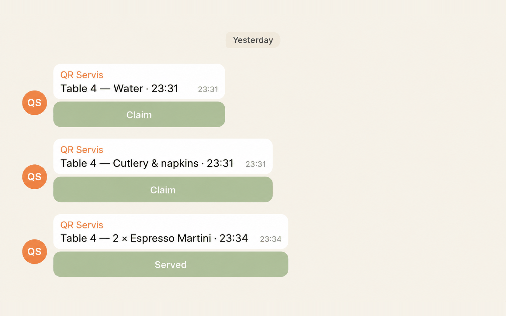 Telegram notifications showing table orders and service requests with claim buttons