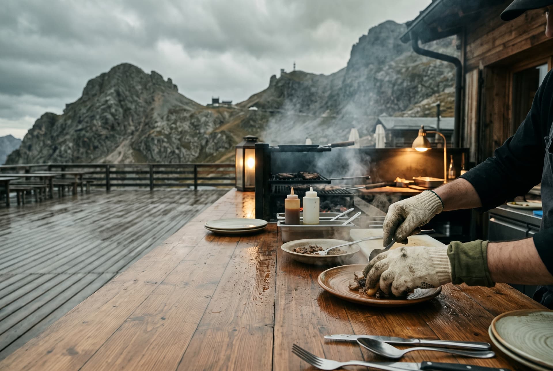 Open-air grill pass on a mountain lodge terrace