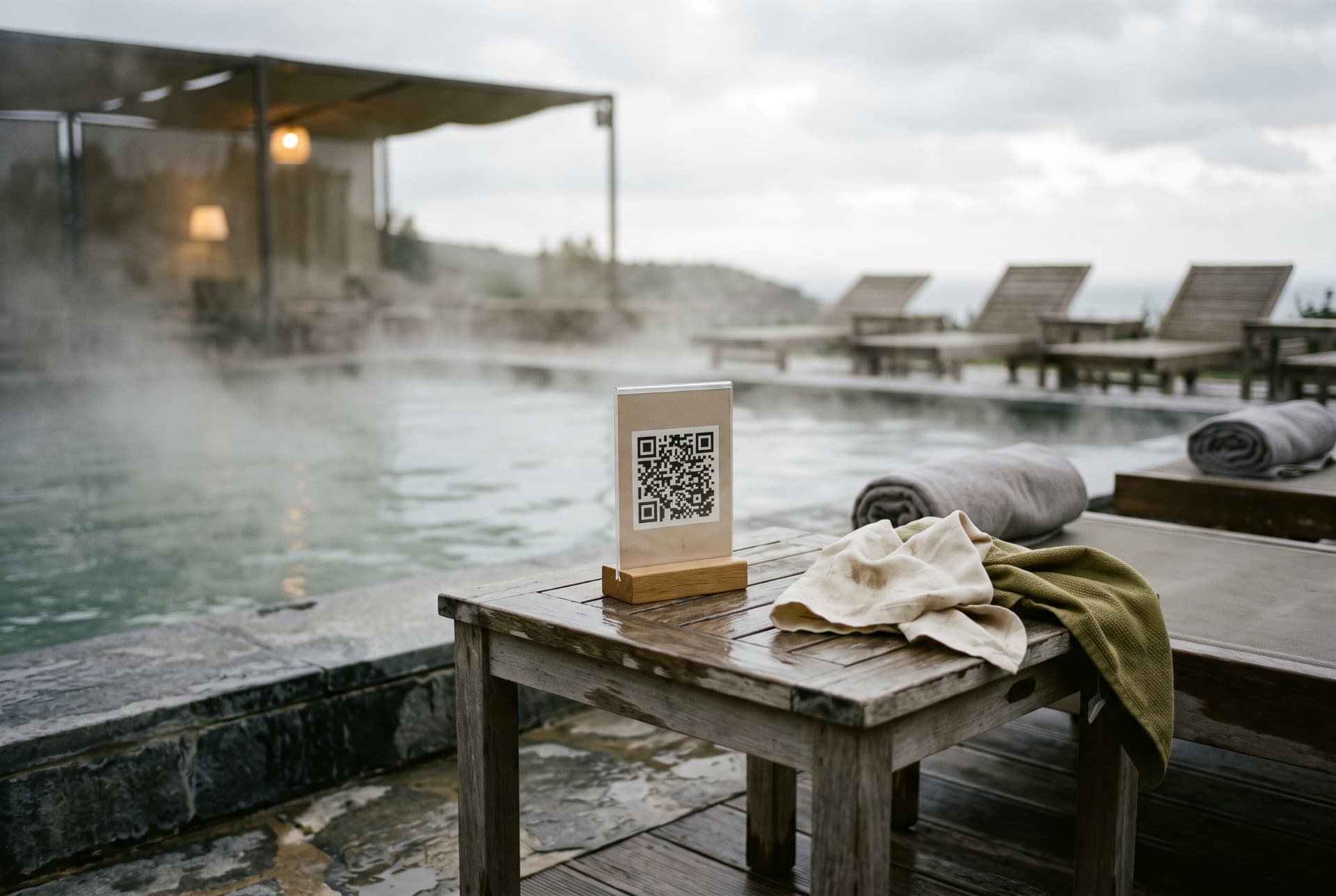 A QR stand on a table beside a steaming thermal pool