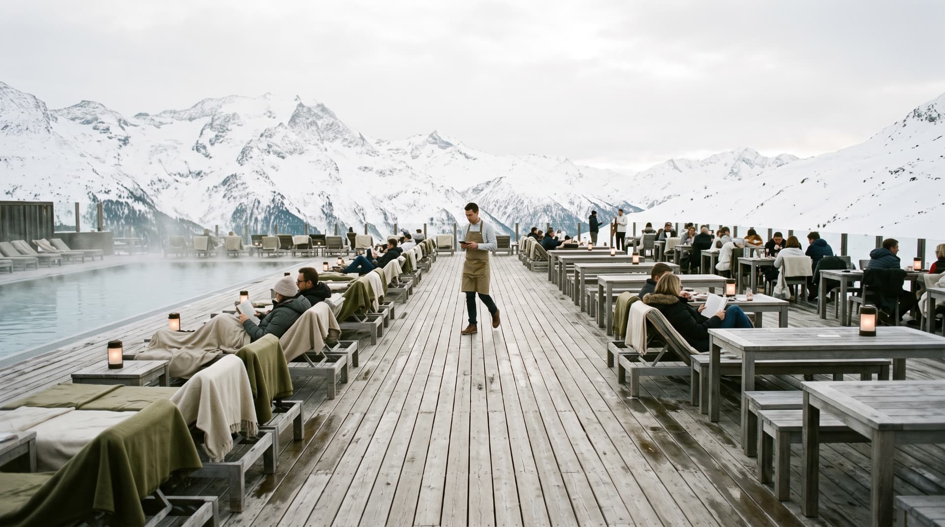 A waiter crossing a wide resort deck with a handheld